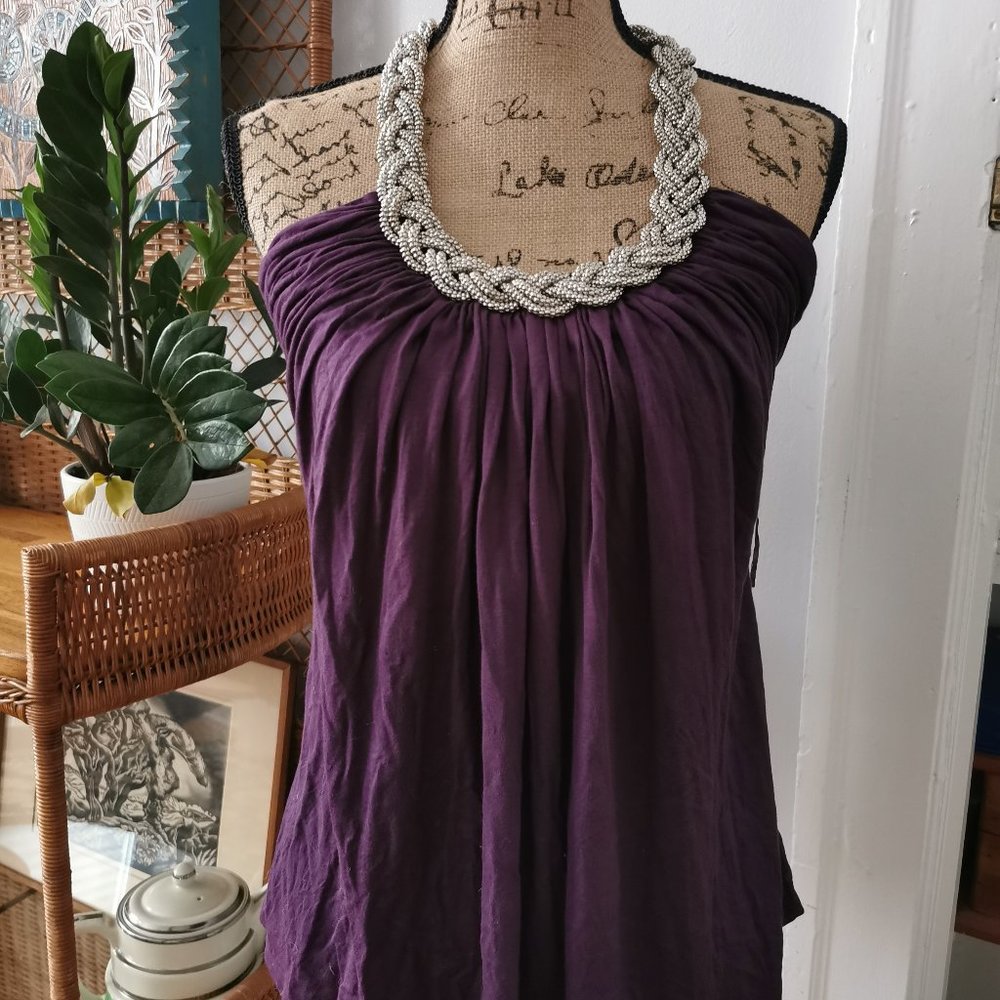 Plum & Silver Braid Beaded Halter Top